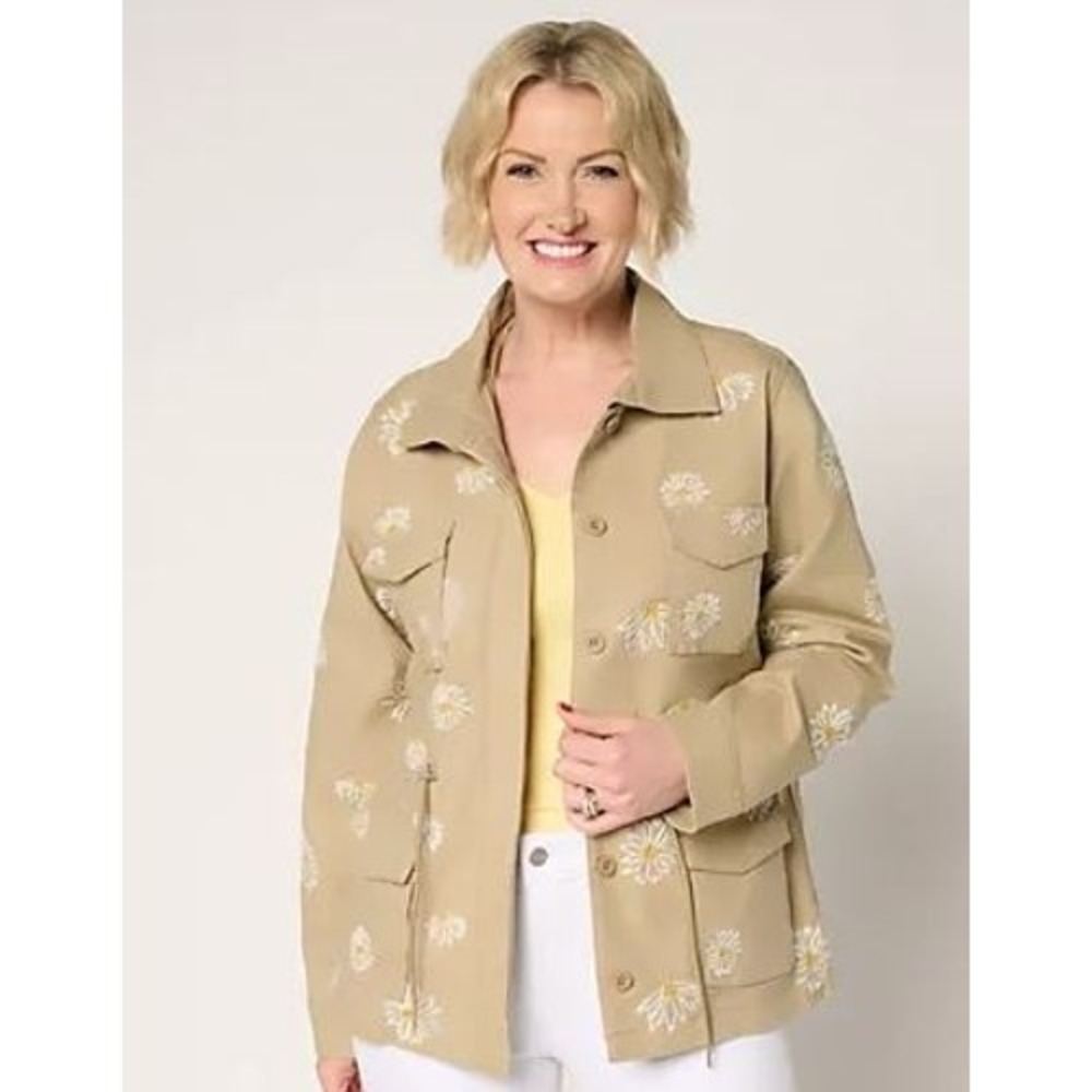 Driftwood Size 1X Jacket Embroidered Casual Daisies Tan Amber Linen Cotton Blend